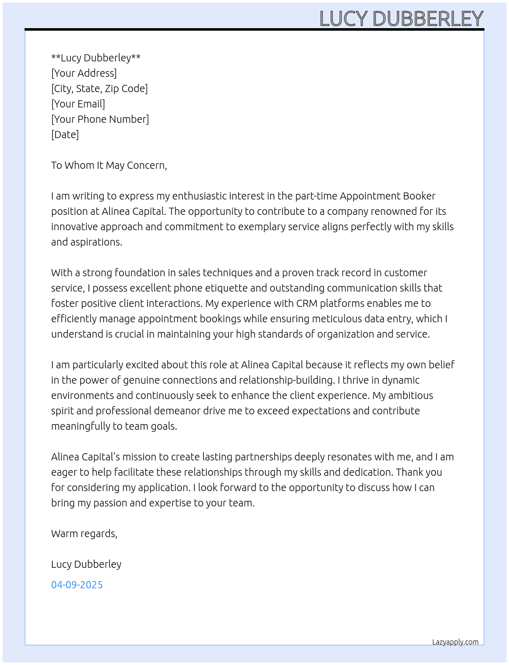 Appointment booker  At Alinea capital  Cover Letter