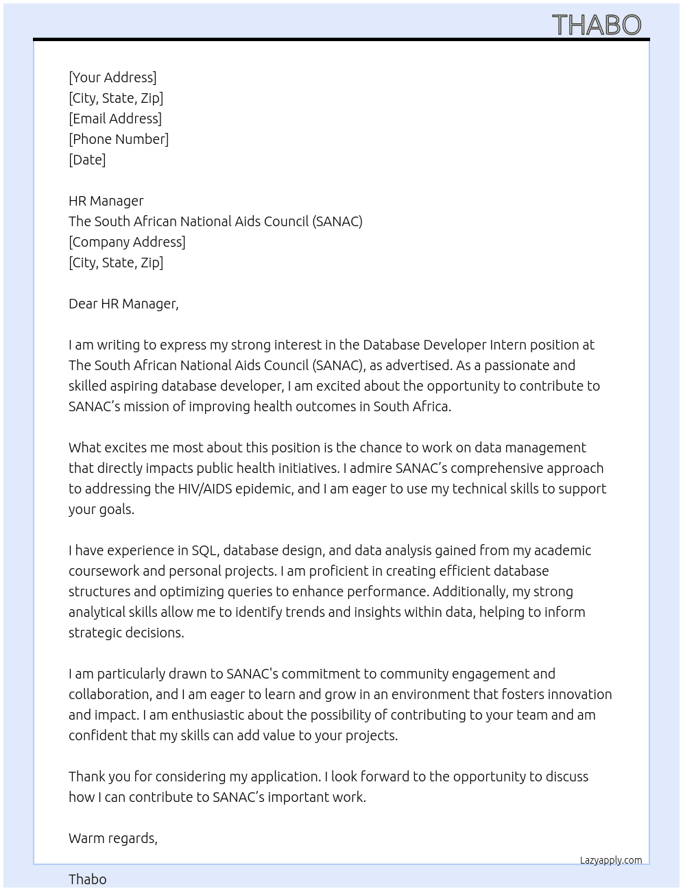 Cover letter for database developer intern - LazyApply