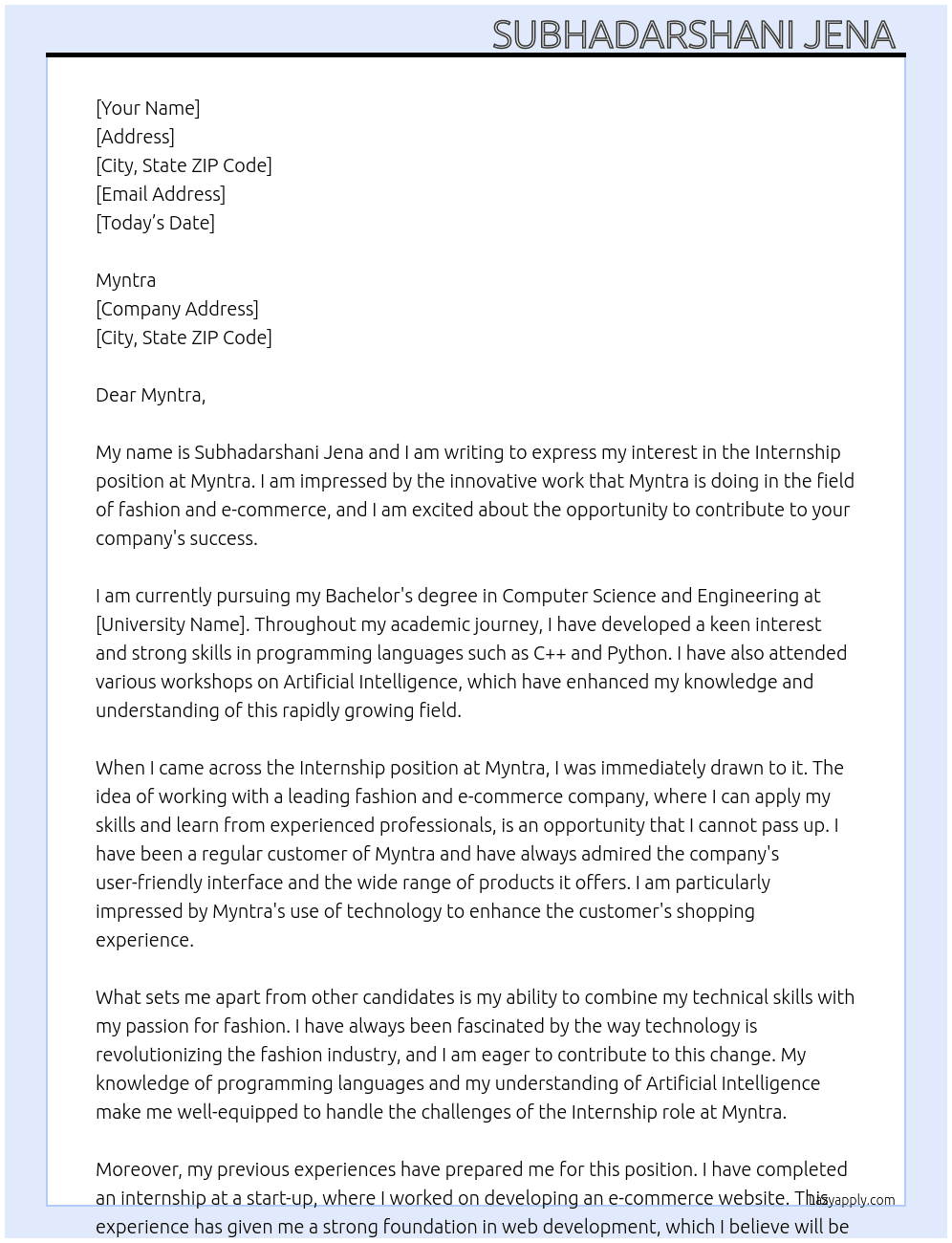 Internship  At Myntra Cover Letter