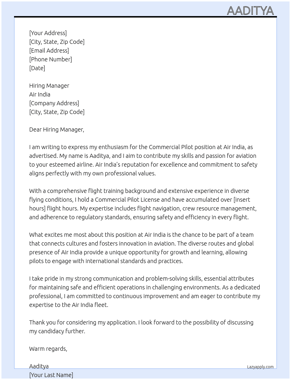 Cover letter for commercial pilot - LazyApply