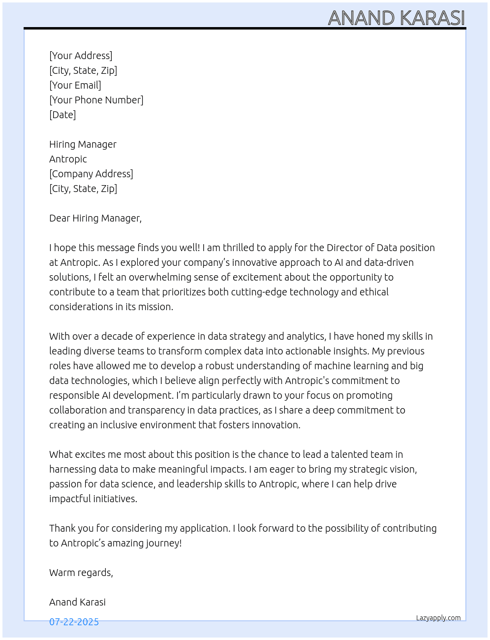 Director Data  At Antropic Cover Letter