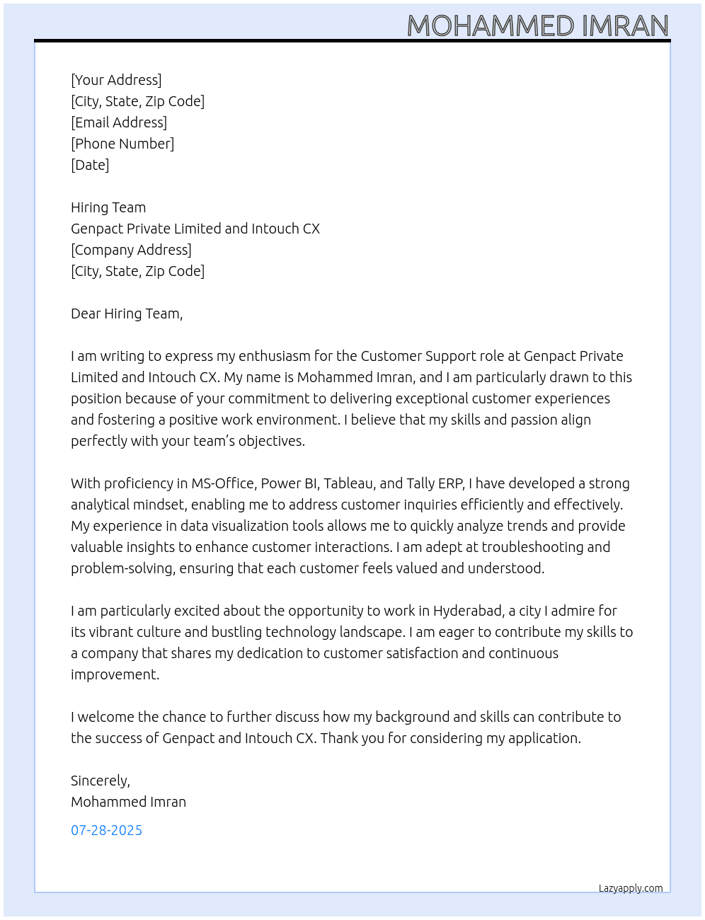 Customer support At Genpact Private Limited and Intouch CX Cover Letter