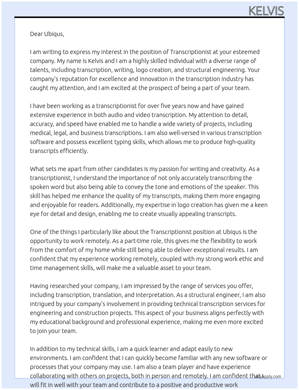 Transcription  At Ubiqus  Cover Letter