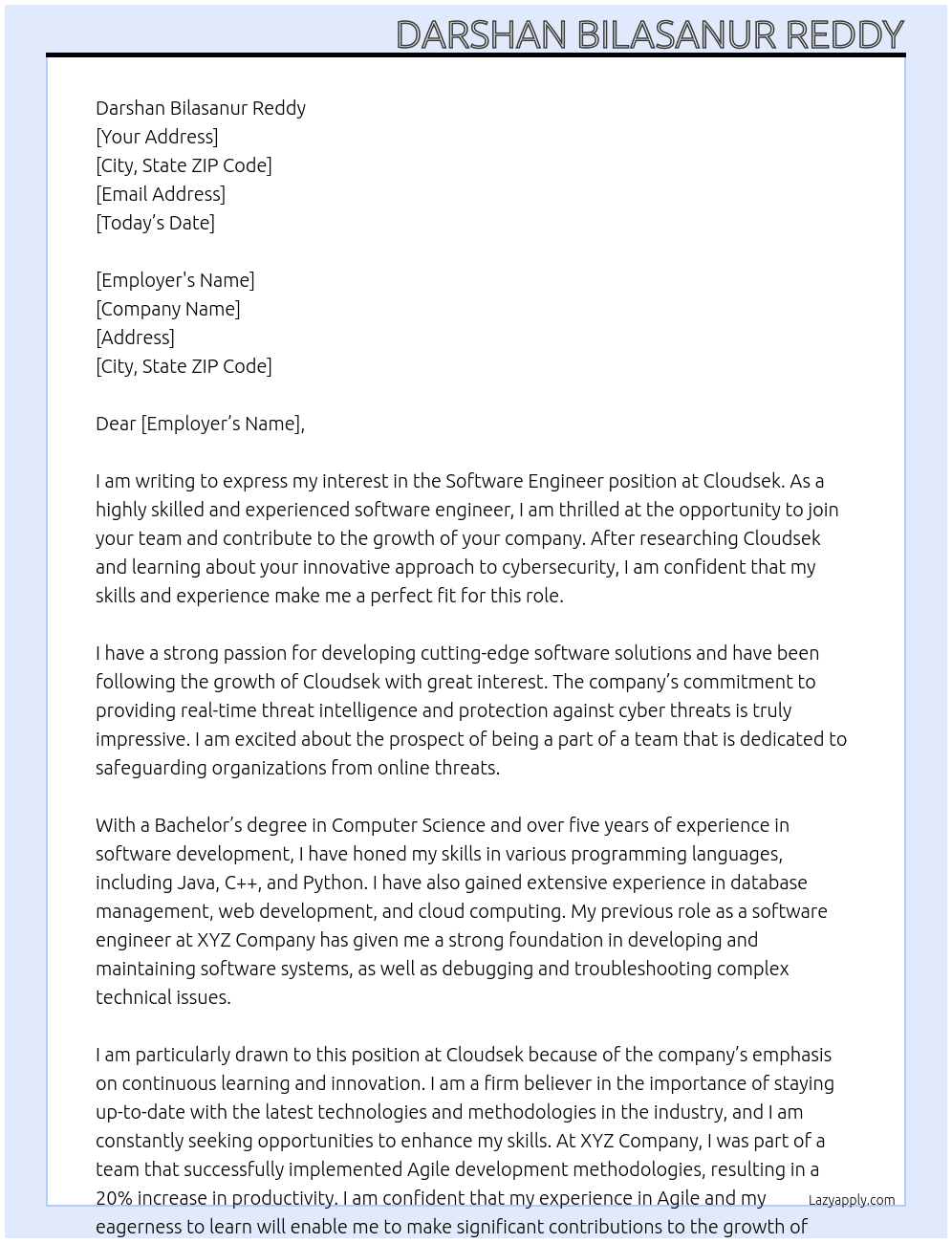 software engineer At Cloudsek Cover Letter