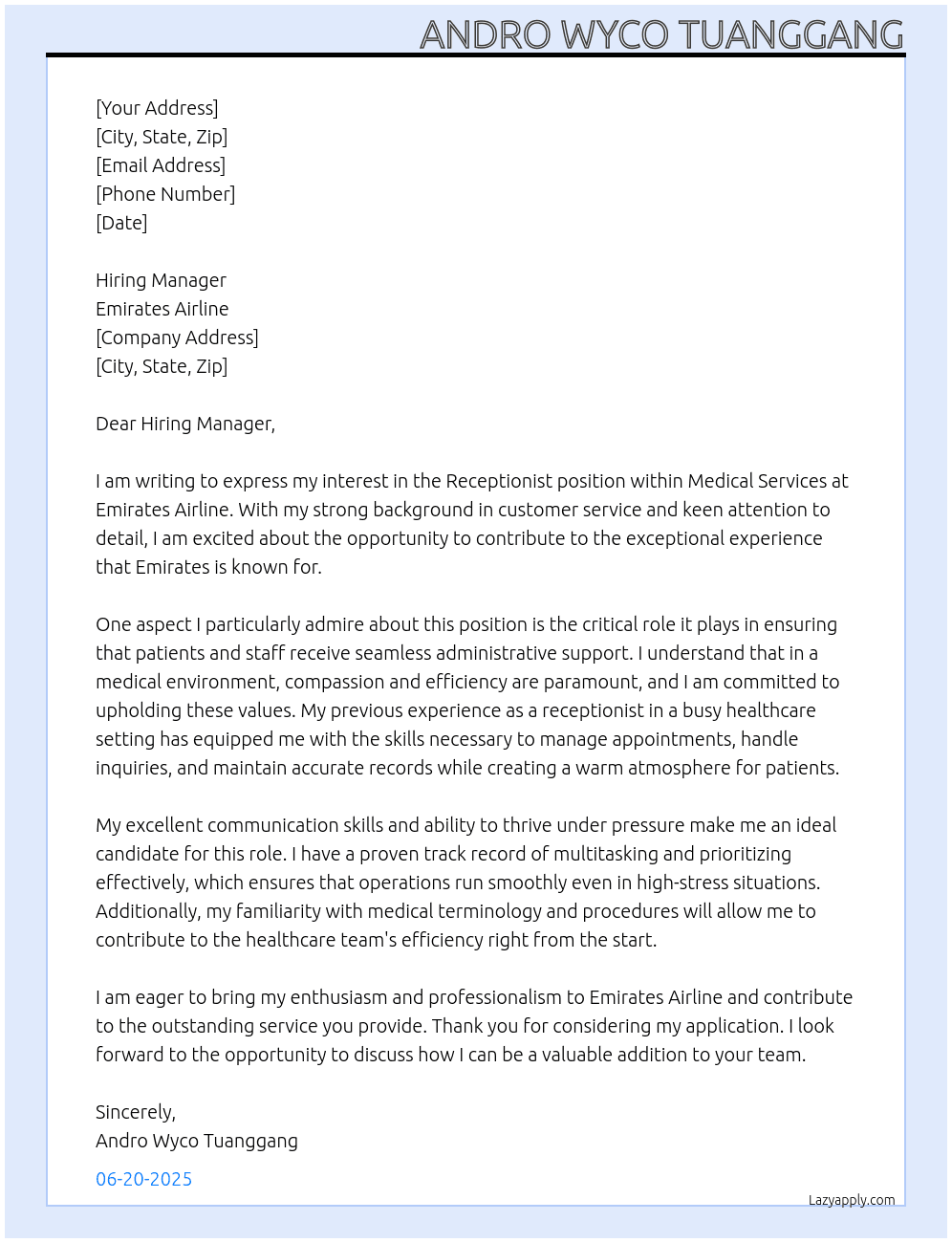  Receptionist - Medical Services At Emirates Airline Cover Letter