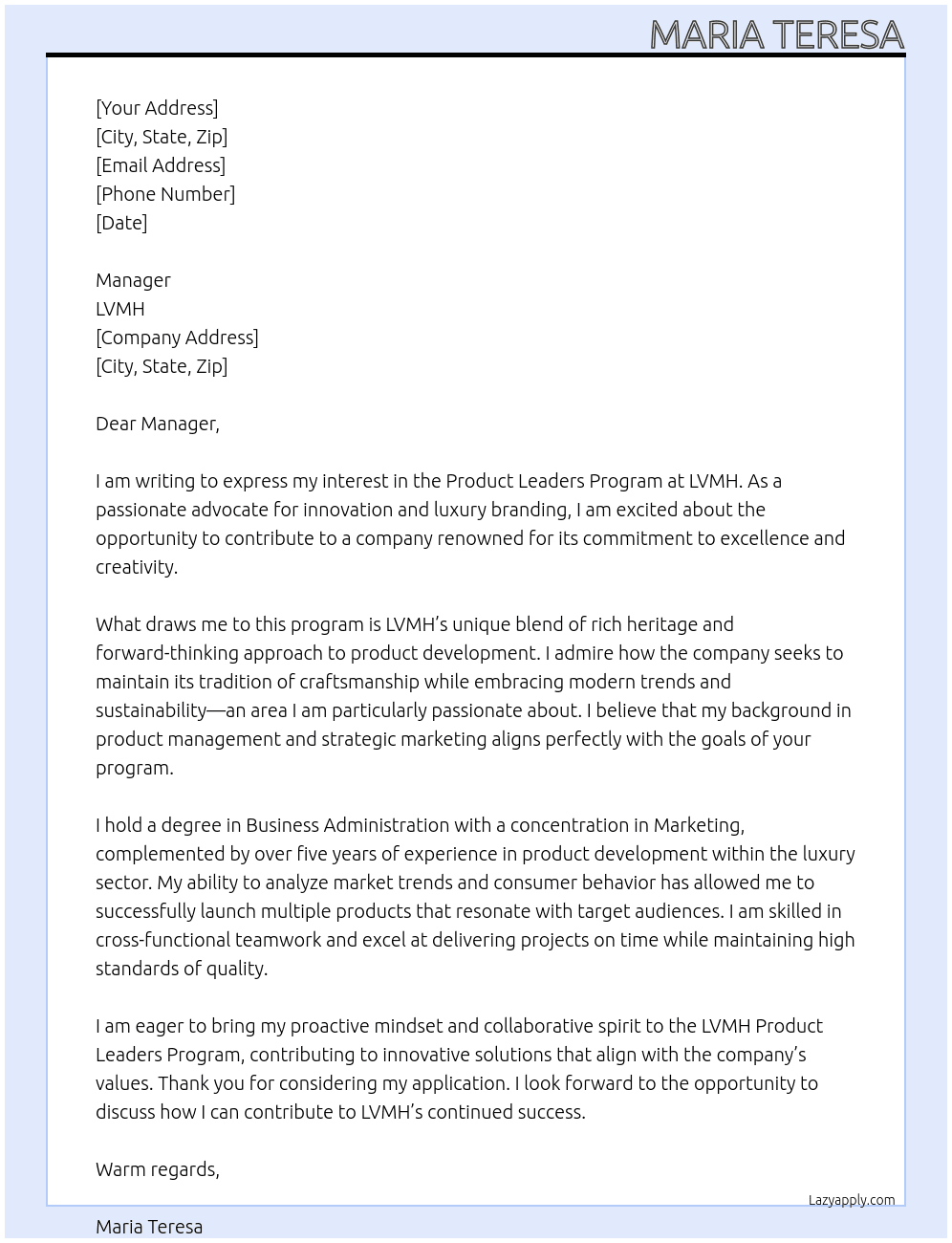 product leaders program At LVMH Cover Letter