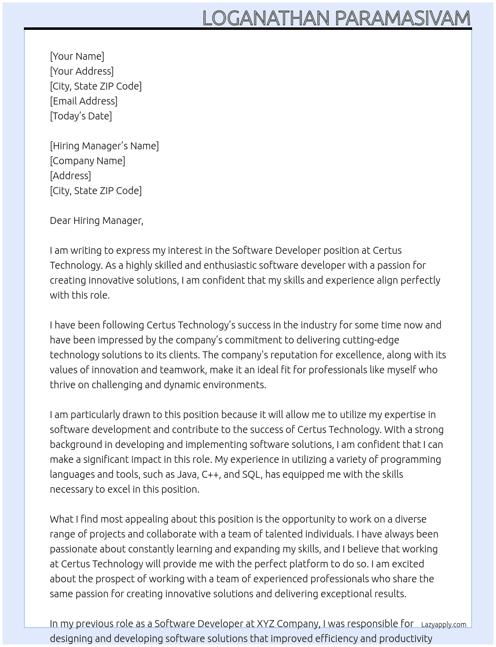 Software Developer At Certus Technology Cover Letter