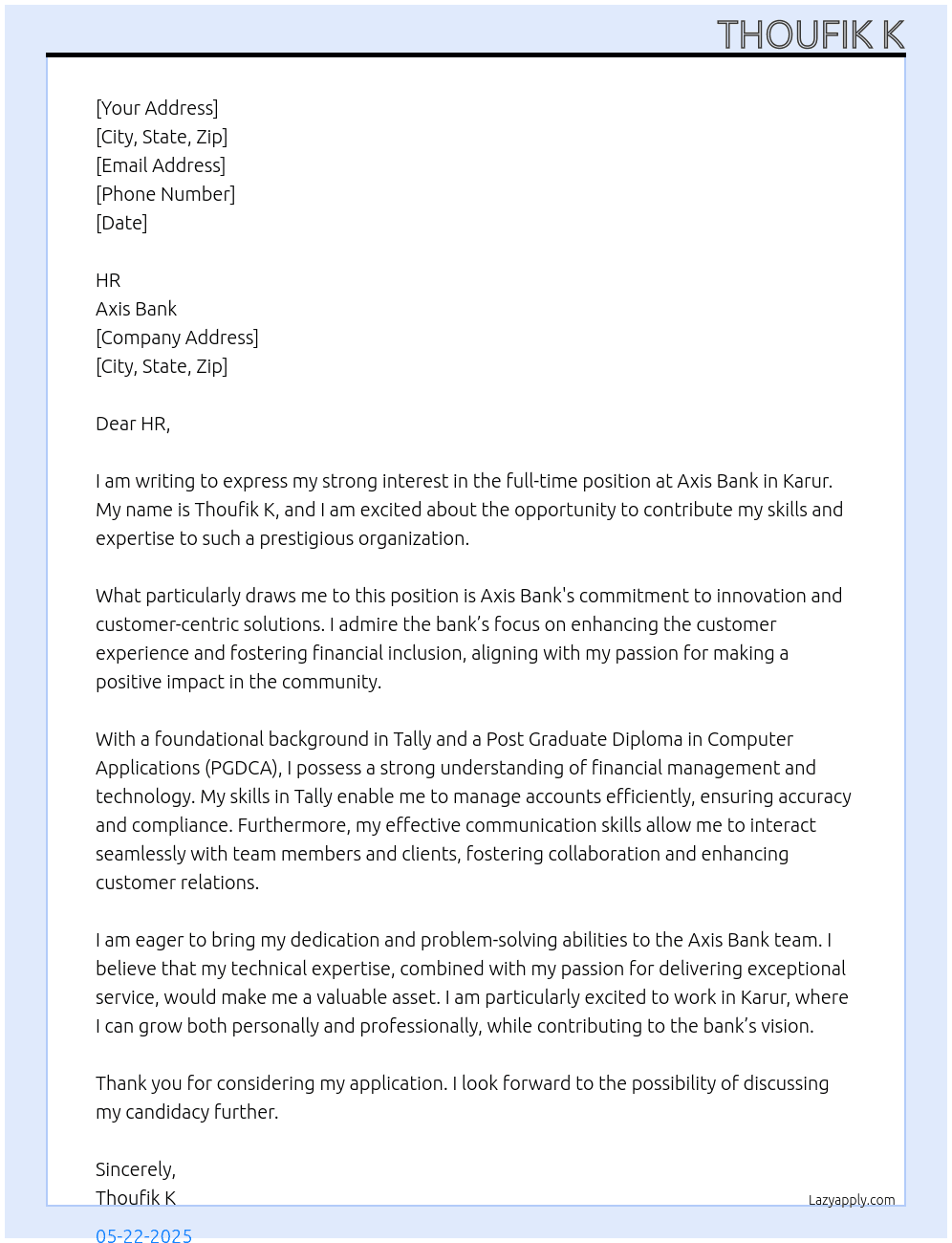 Axis Bank  At Axis Bank  Cover Letter