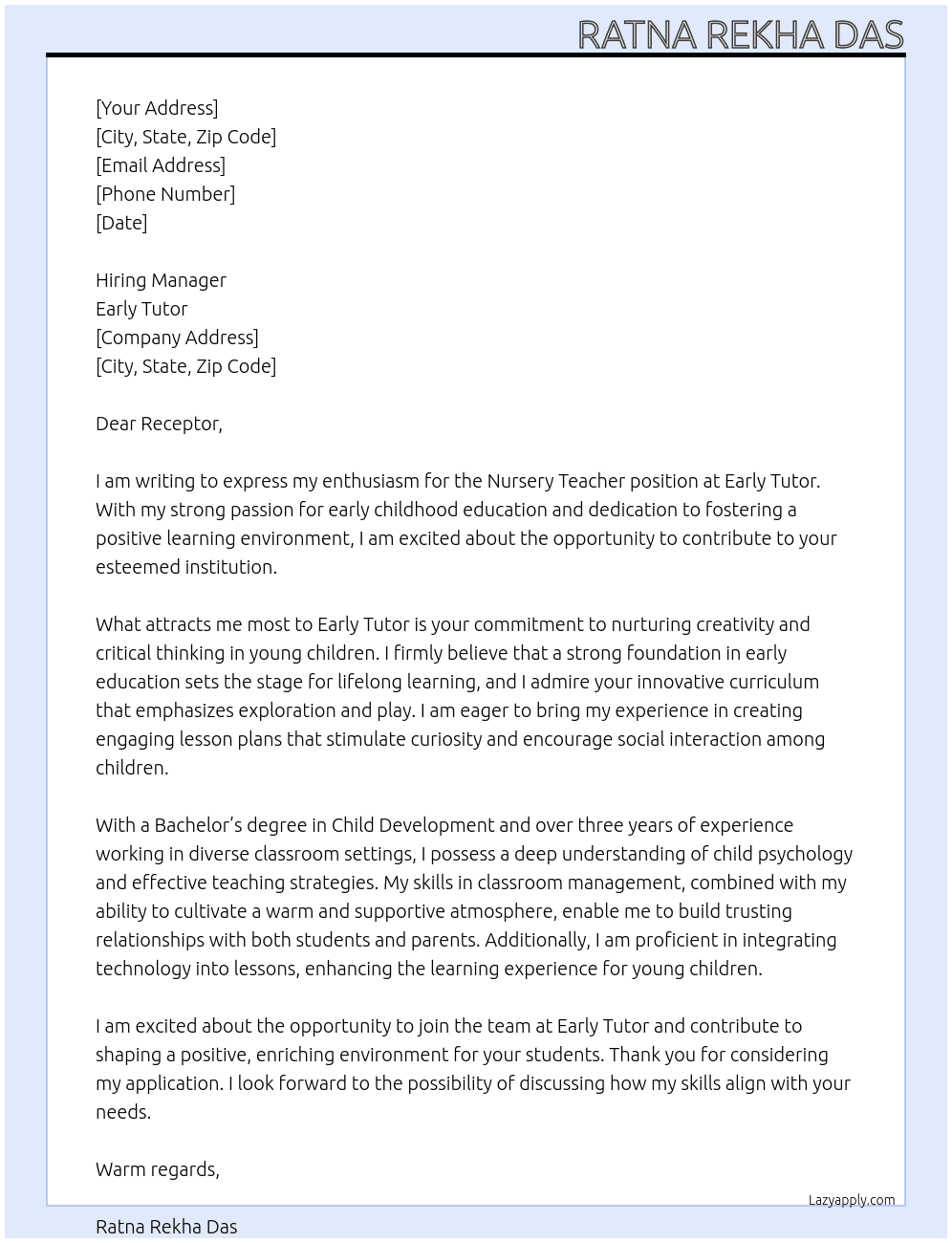 Nursery teacher At Early tutor Cover Letter