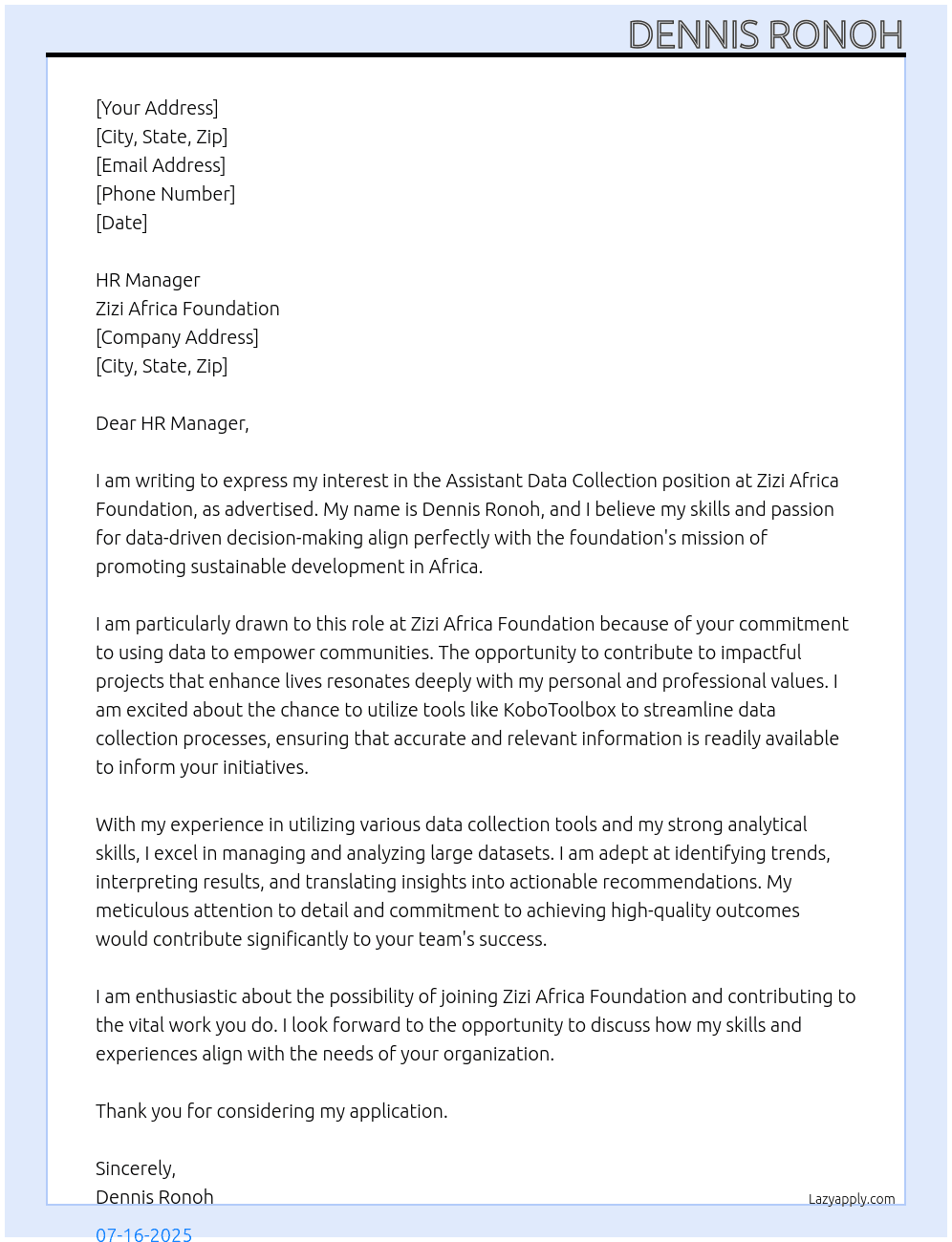 Assistant data collection  At Zizi Africa foundation  Cover Letter