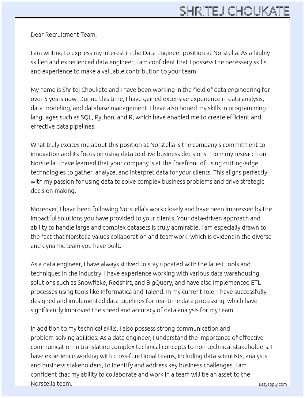 Cover letter for data ngineer - LazyApply