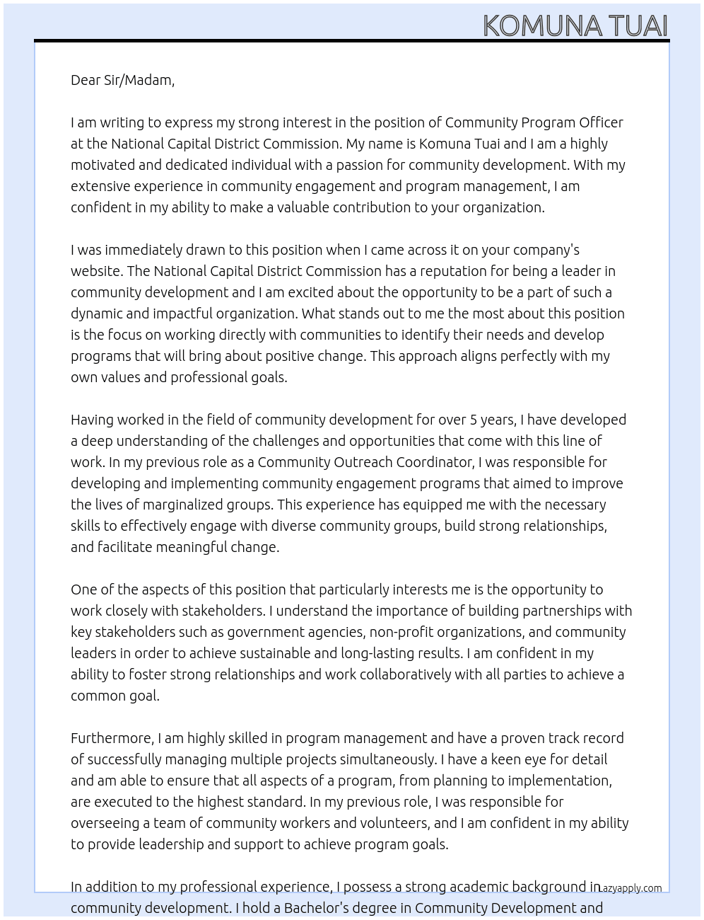 Community Program Officer At National Capital District Commission Cover Letter