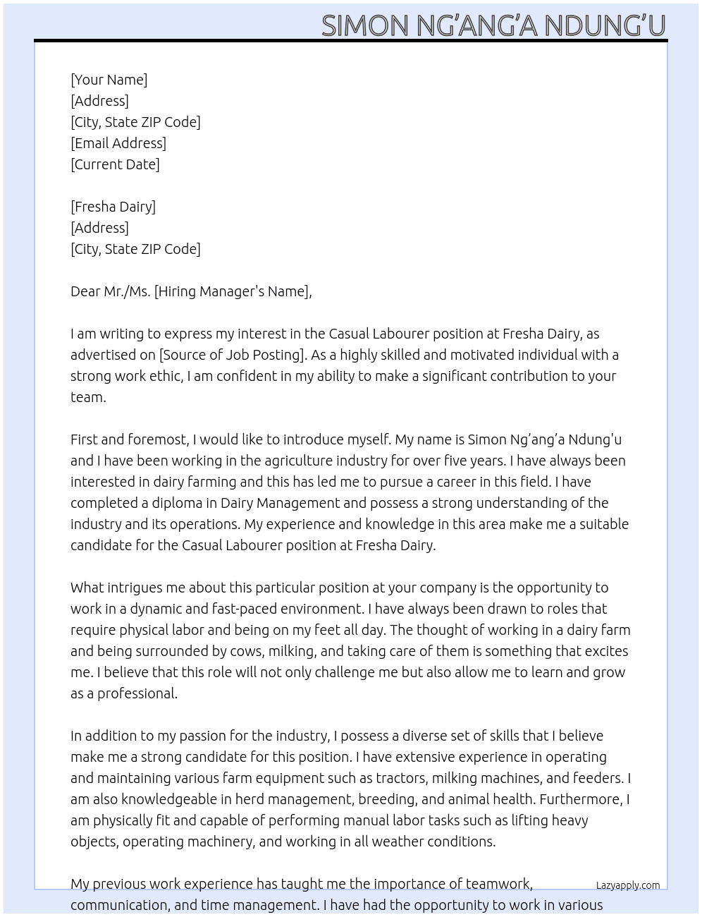 casual labourer At SIMON NG’ANG’A NDUNG’U. Cover Letter
