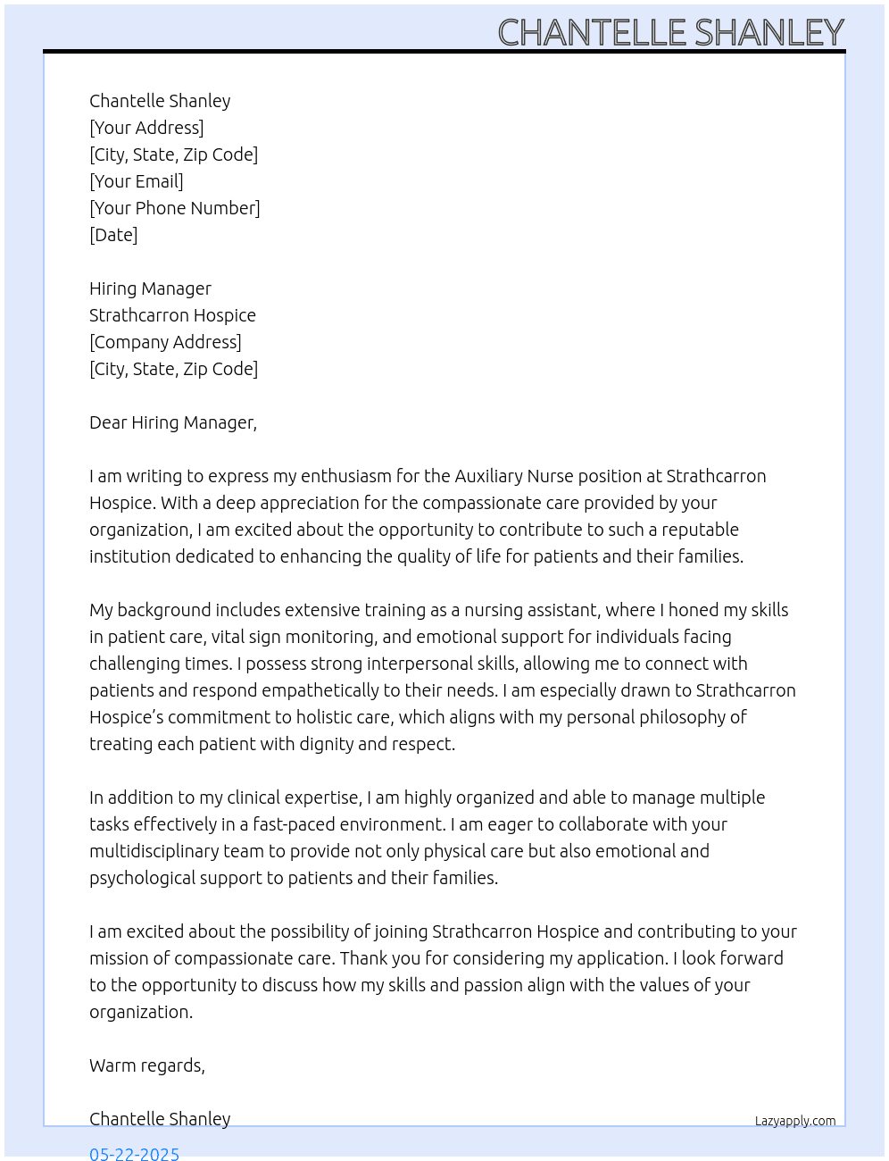 Auxiliary Nurse At Strathcarron Hospice Cover Letter