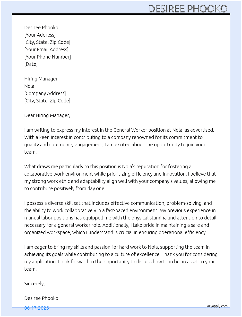 General worker  At Nola Cover Letter