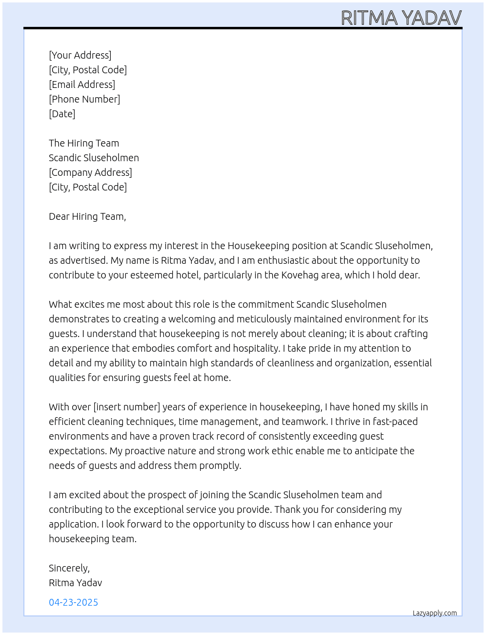 Housekeeping  At Scandic Sluseholmen Cover Letter