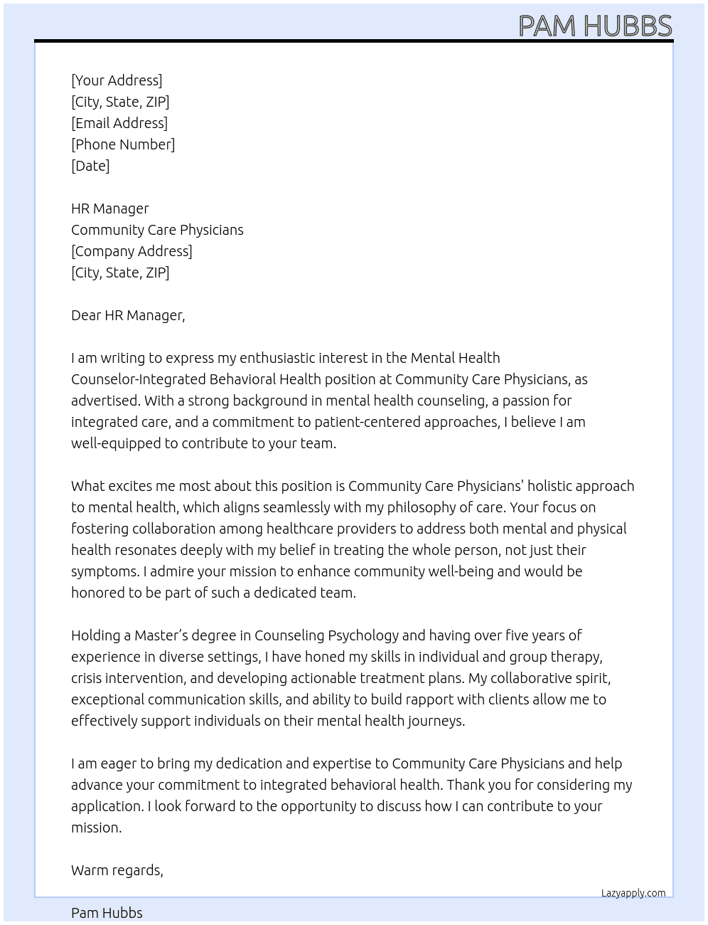 Cover letter for mental health counselor-integrated behavioral health - LazyApply