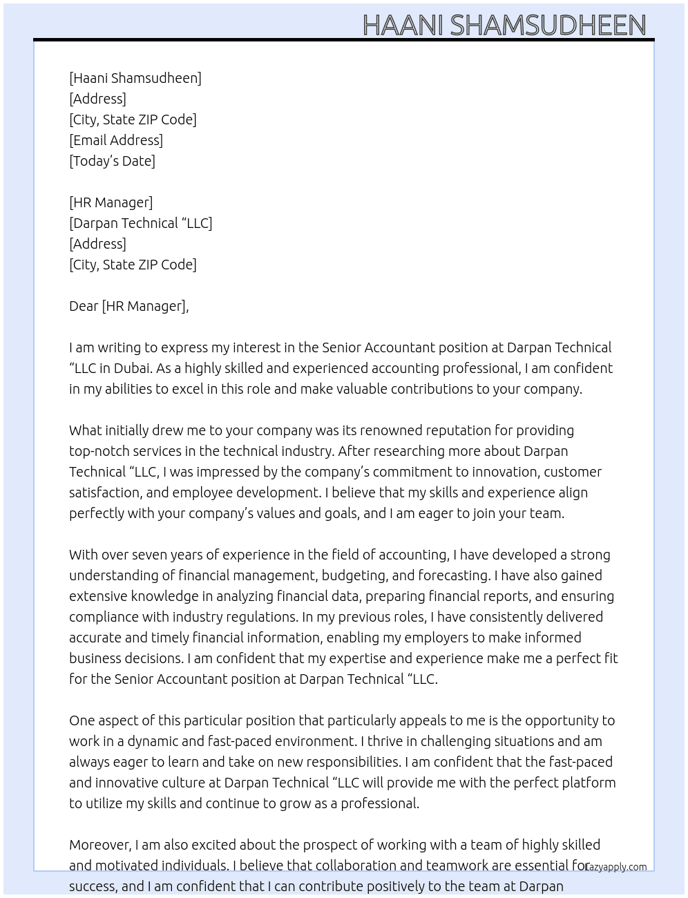 Senior Accountant  At Darpan Technical “LLC Cover Letter