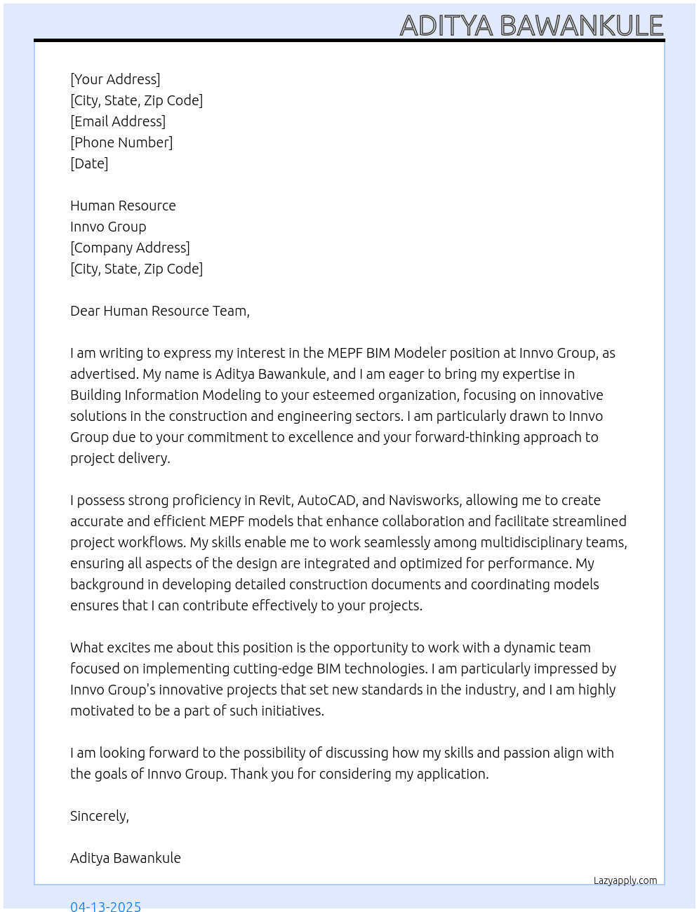 MEPF BIM Modeler At Innvo group Cover Letter