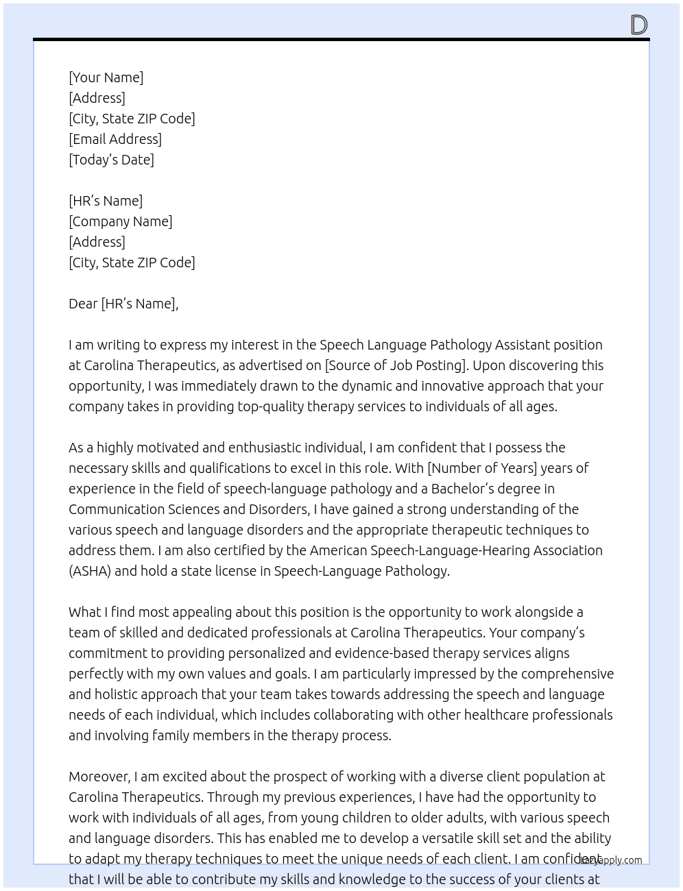 Cover letter for speech language pathology asstiant - LazyApply