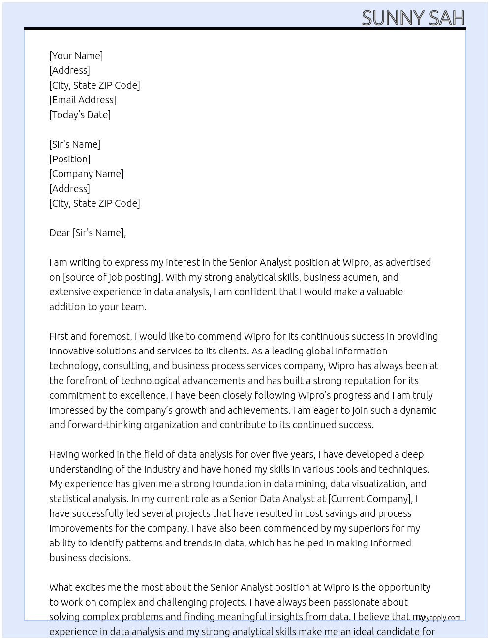 Senior Analyst  At wipro Cover Letter