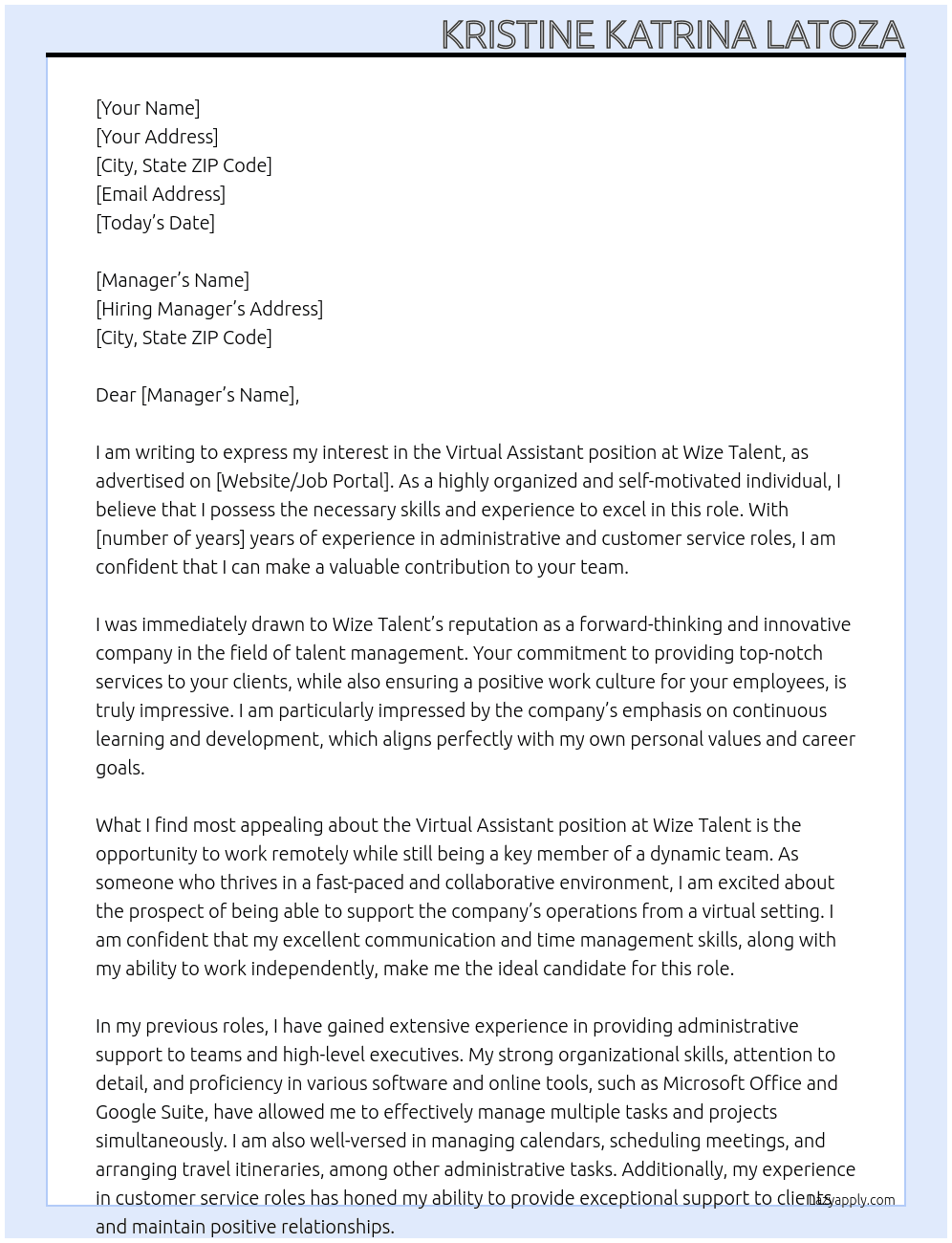 virtual assistant At wize talent Cover Letter