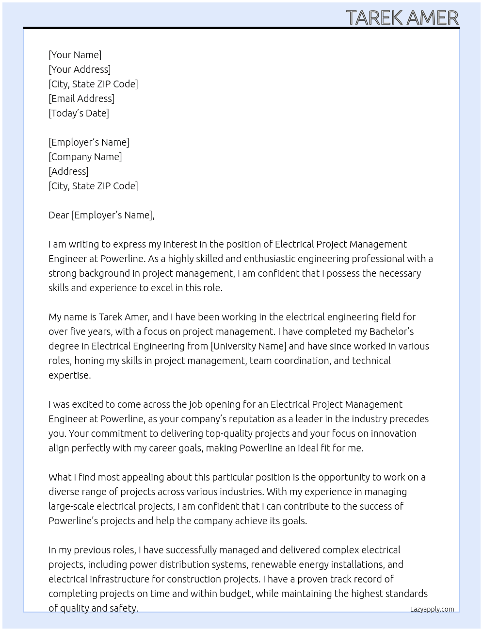 Electrical project management Engineer  At Powerline  Cover Letter