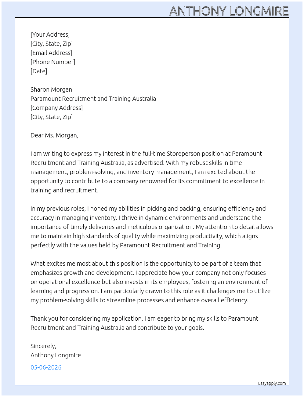 Cover letter for storeperson - LazyApply