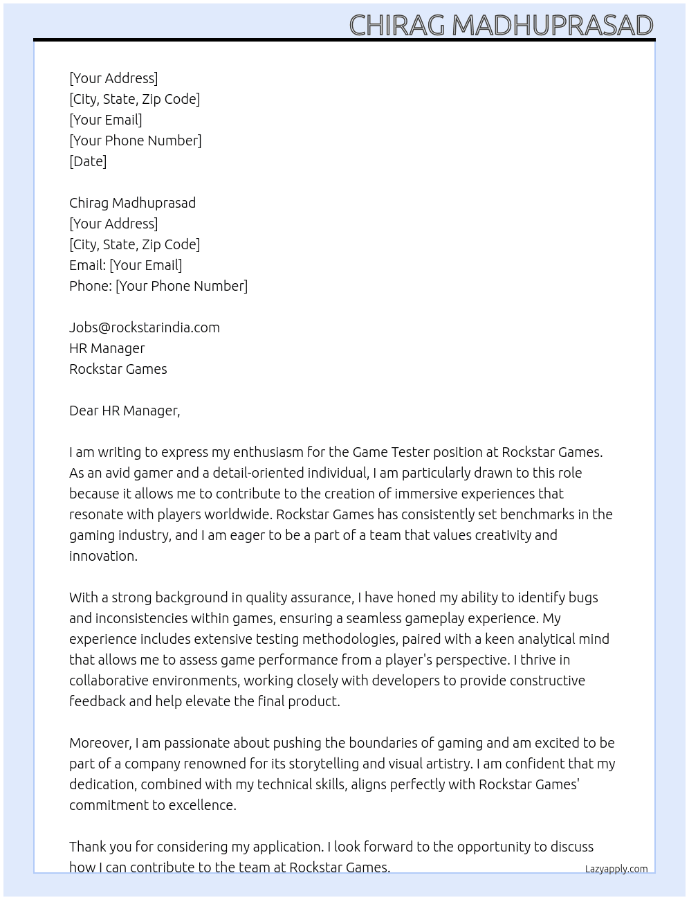Game Tester At Rockstar Games Cover Letter