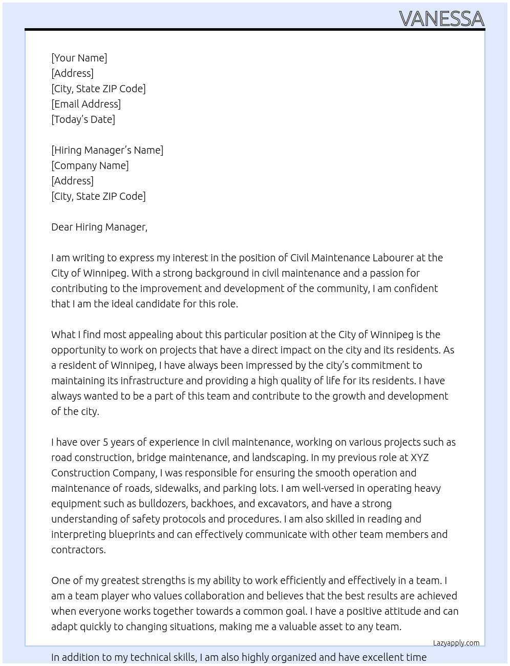 Cover letter for civil maintance labourer - LazyApply