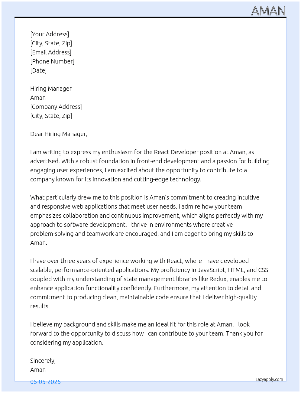 React Job At Aman Cover Letter