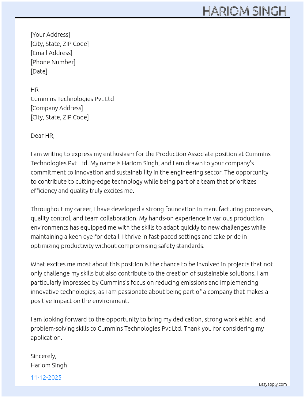 Production Associate  At Cummins technologies pvt Ltd  Cover Letter
