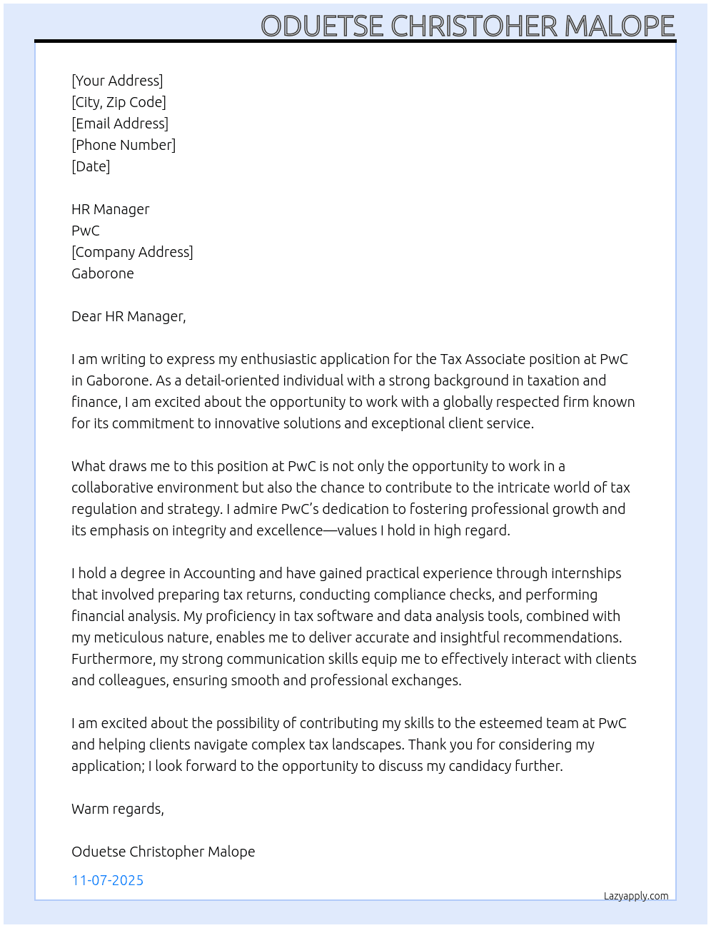 Tax Associate At PWC Cover Letter