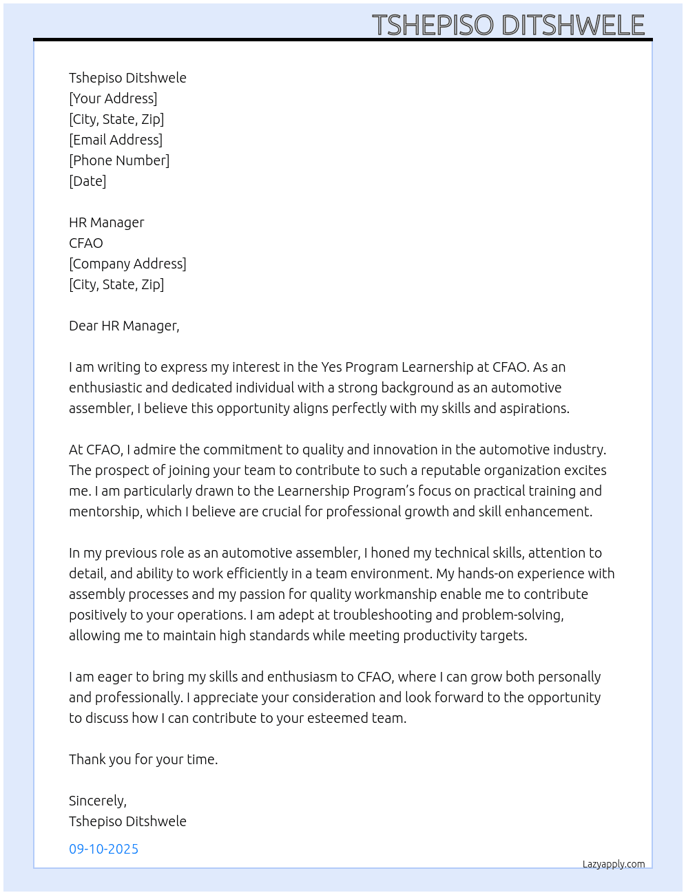 Yes program learnership At CFAO Cover Letter