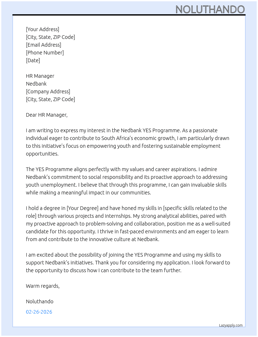 Cover letter for nedbank yes programme - LazyApply