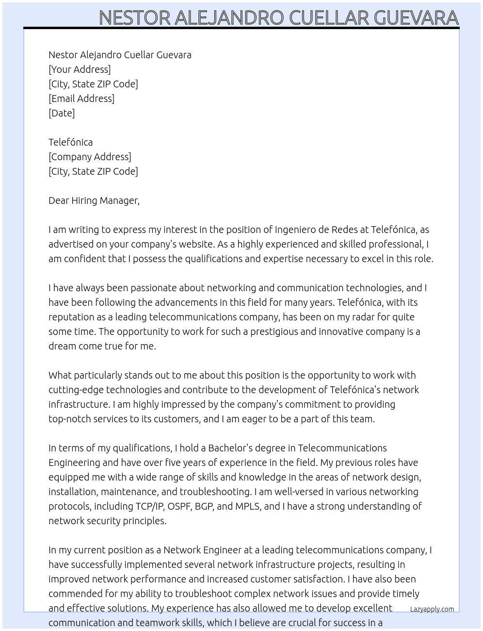 Ingeniero de Redes At Telefónica  Cover Letter