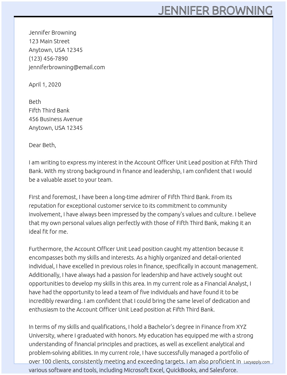 Cover letter for account officer unit lead - LazyApply