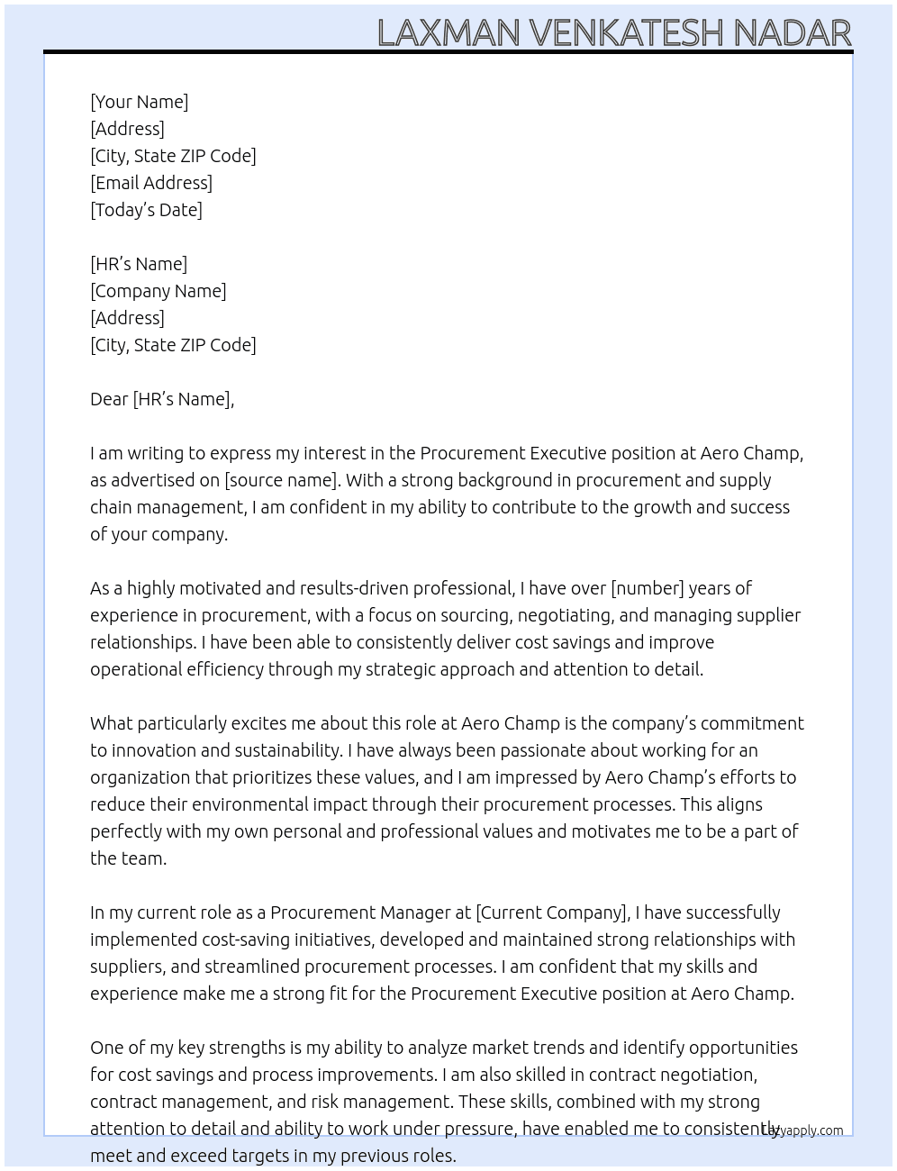 Procurement Executive At Aero Champ Cover Letter