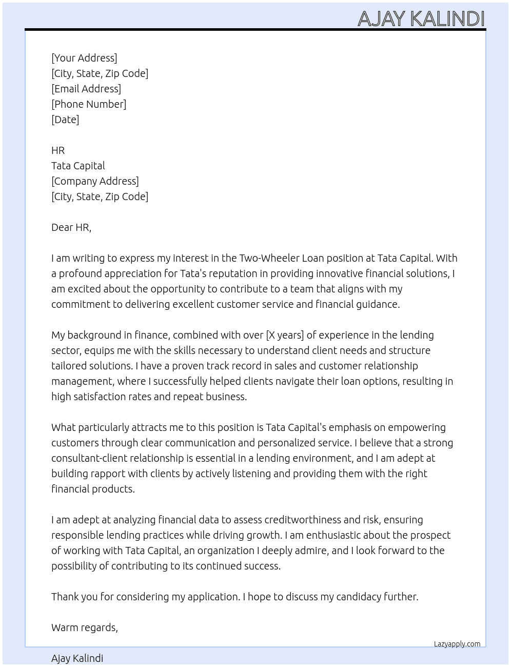 twowheeler loan At tata capital Cover Letter