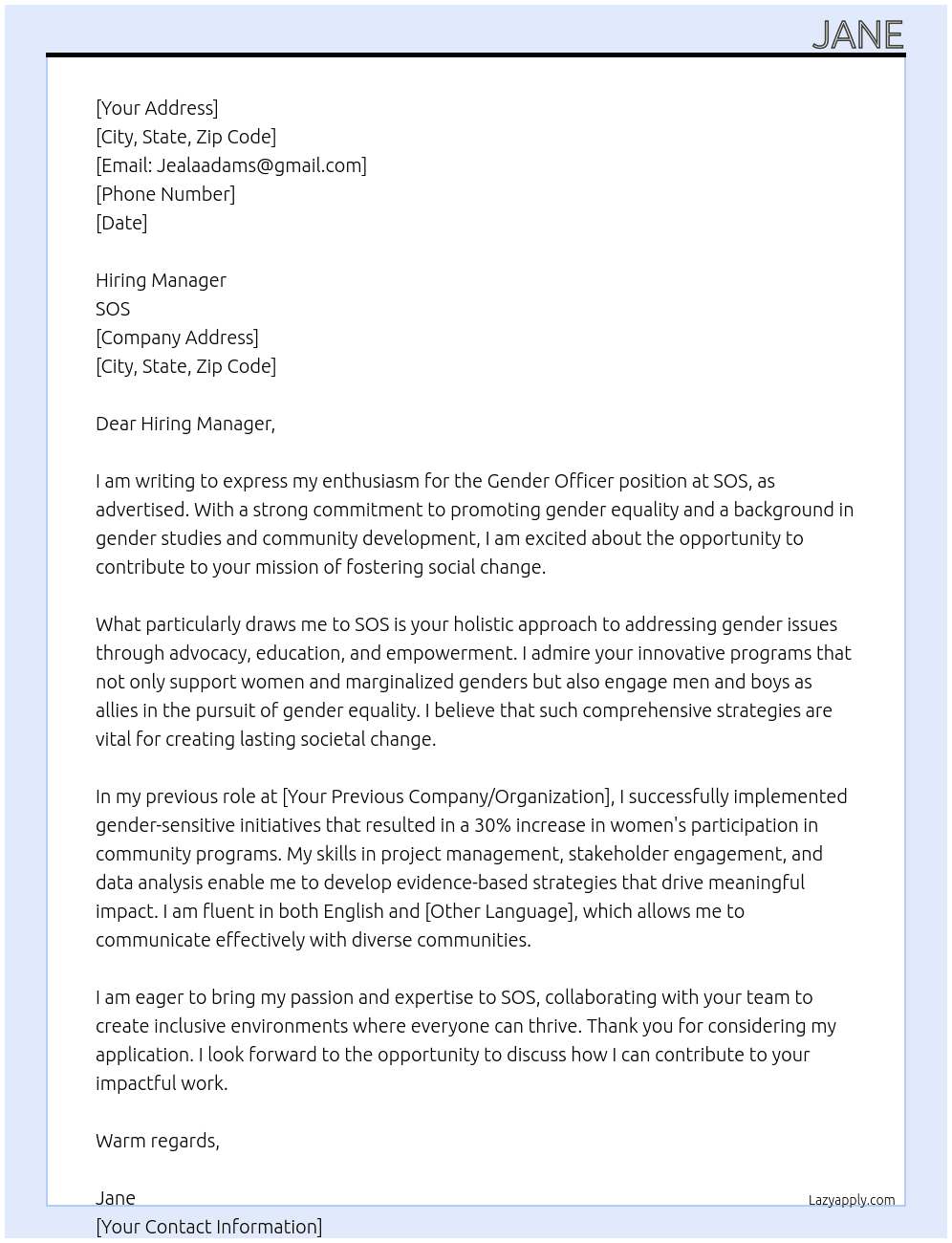 Gender Officer At sos Cover Letter