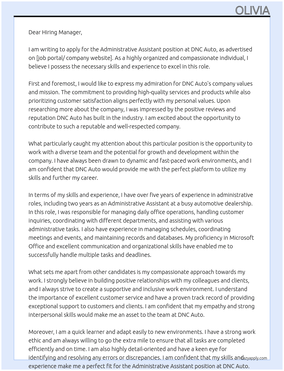 Administrative Assistant At DNC Auto Cover Letter