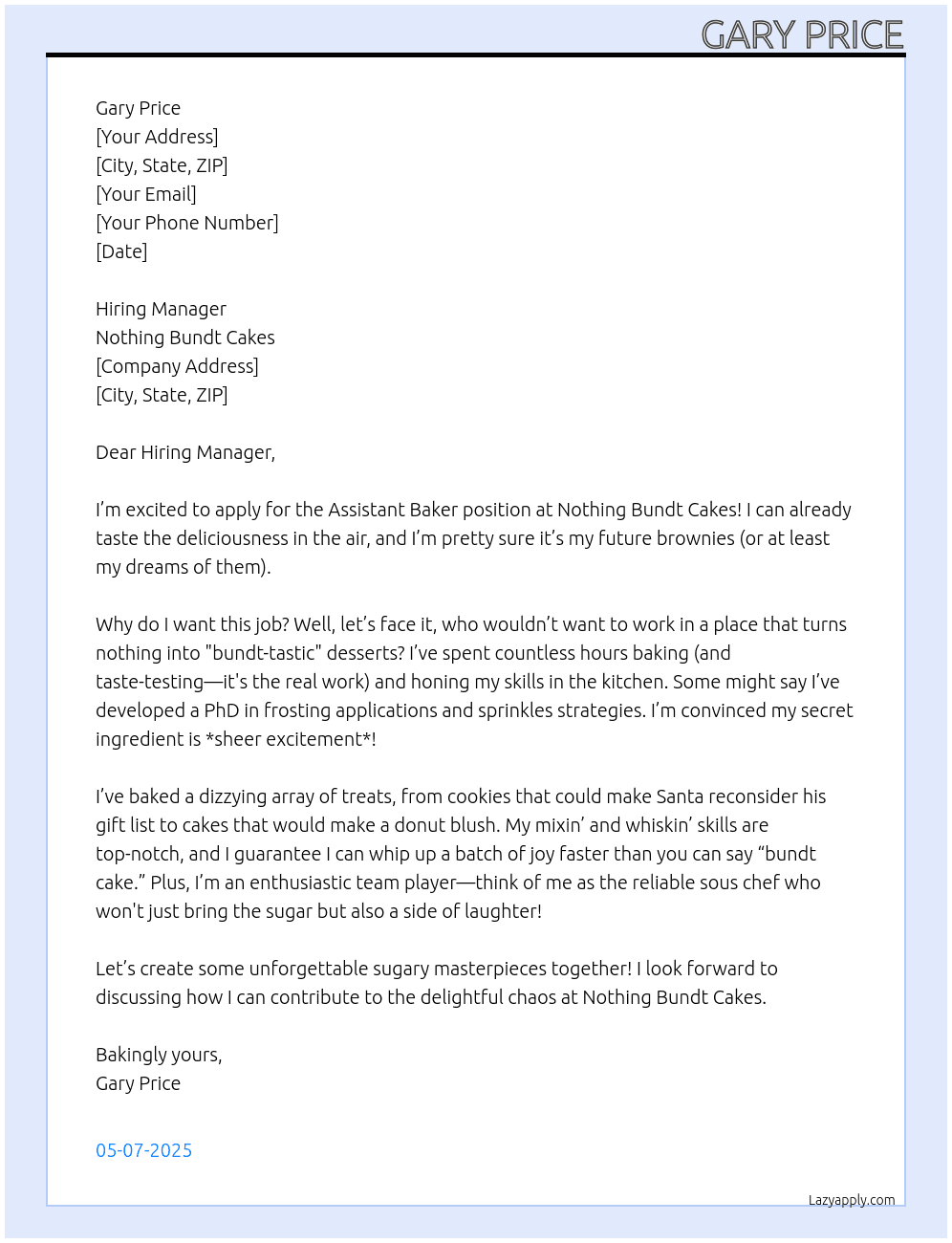 Assistant Baker At Nothing Bundt Cakes Cover Letter