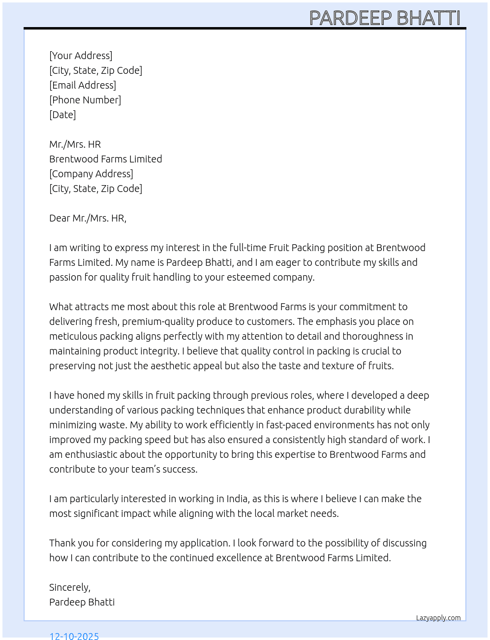 Fruit packing  At Brentwood farms limited  Cover Letter