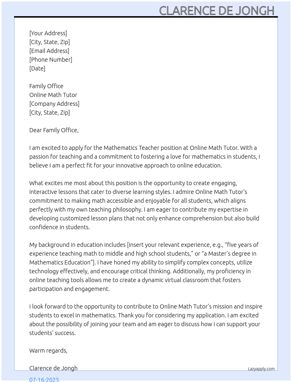 mathematics teacher  At Online Math tutor  Cover Letter