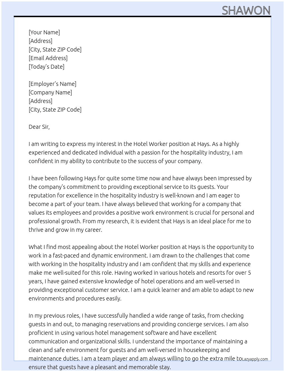 Hotel worker At Hays Cover Letter