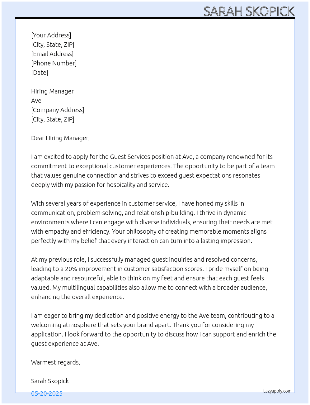 Guest services At Ave Cover Letter