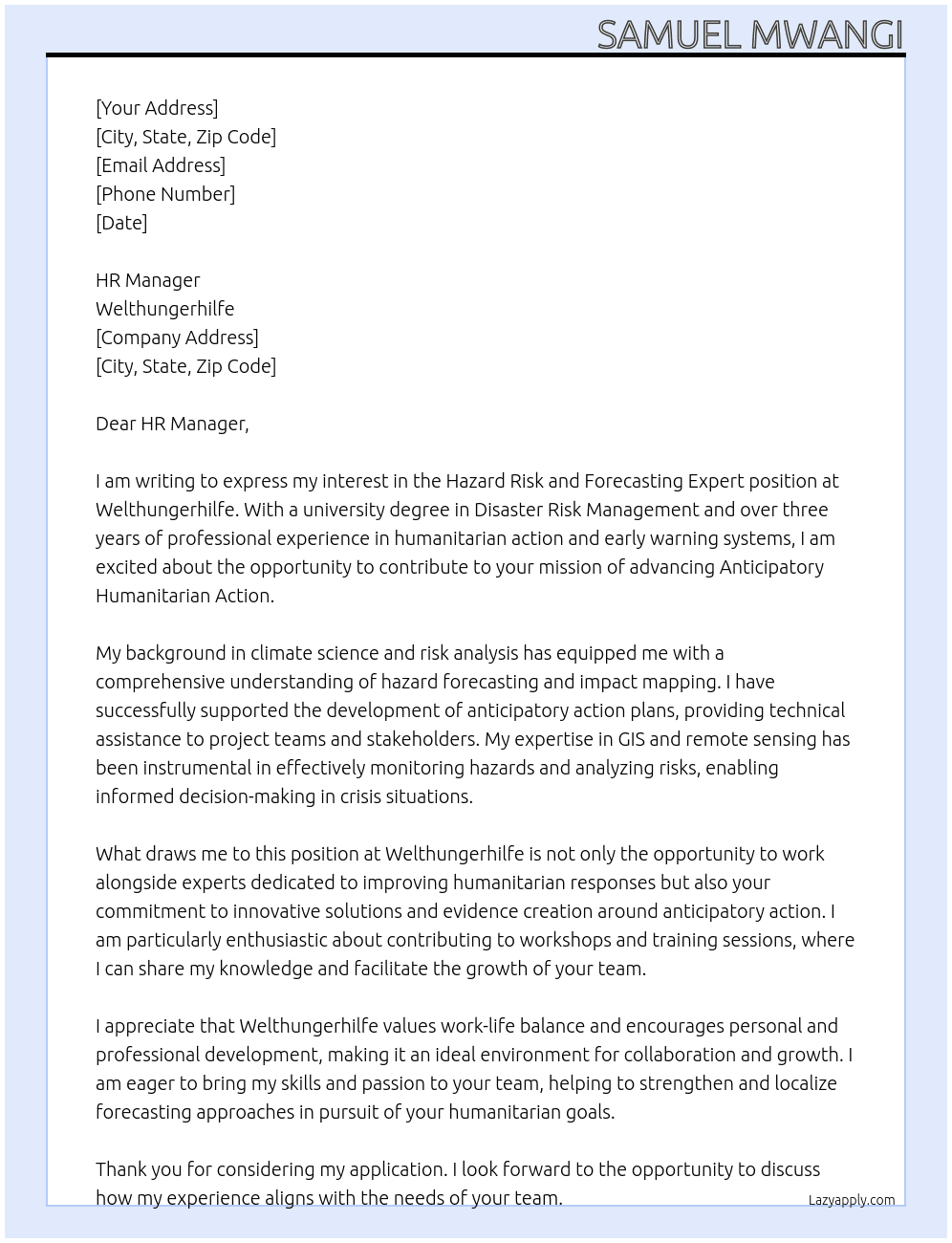 Hazard Risk and Forecasting Expert At Welthungerhilfe Cover Letter
