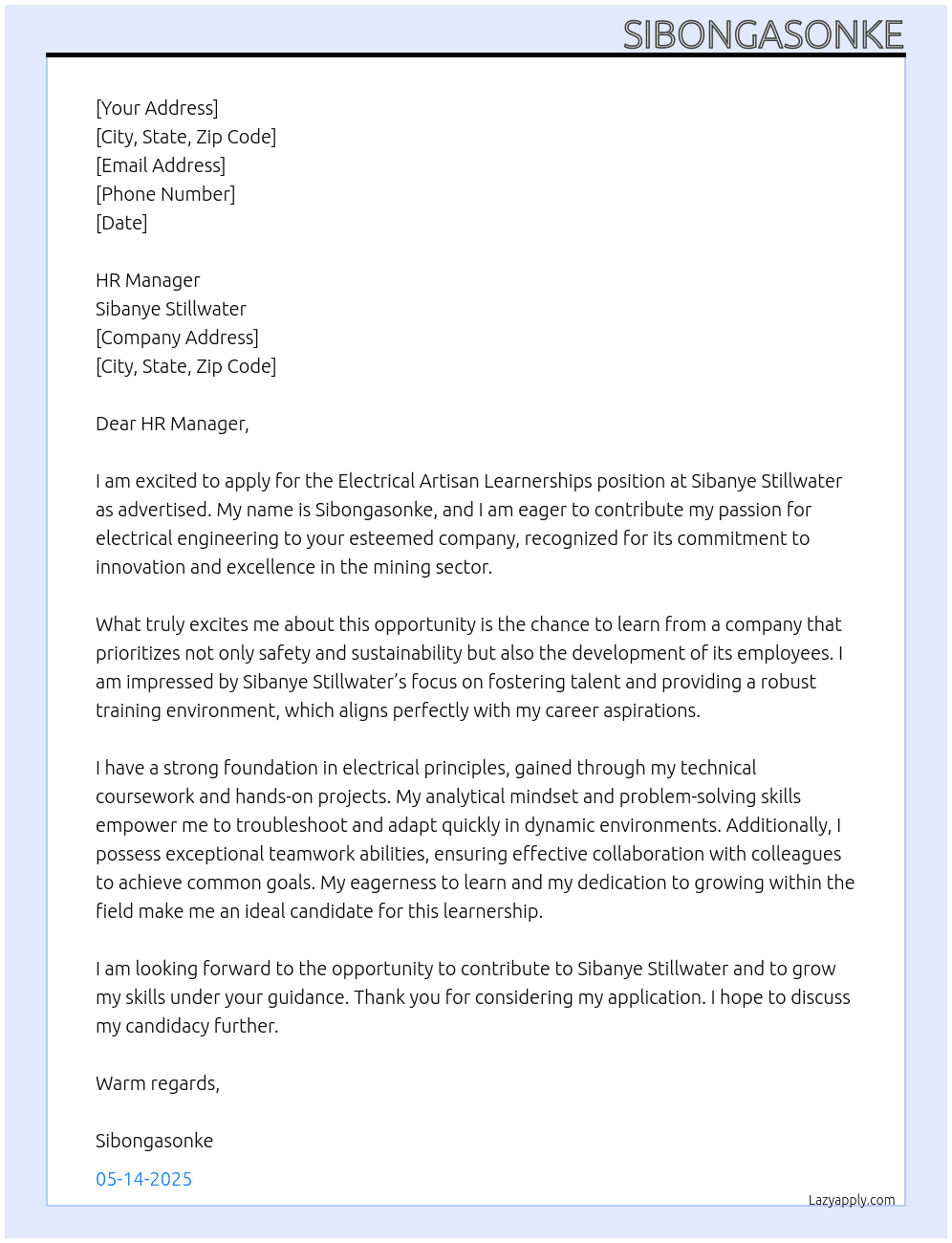 Cover letter for electrical artisan learnerships - LazyApply