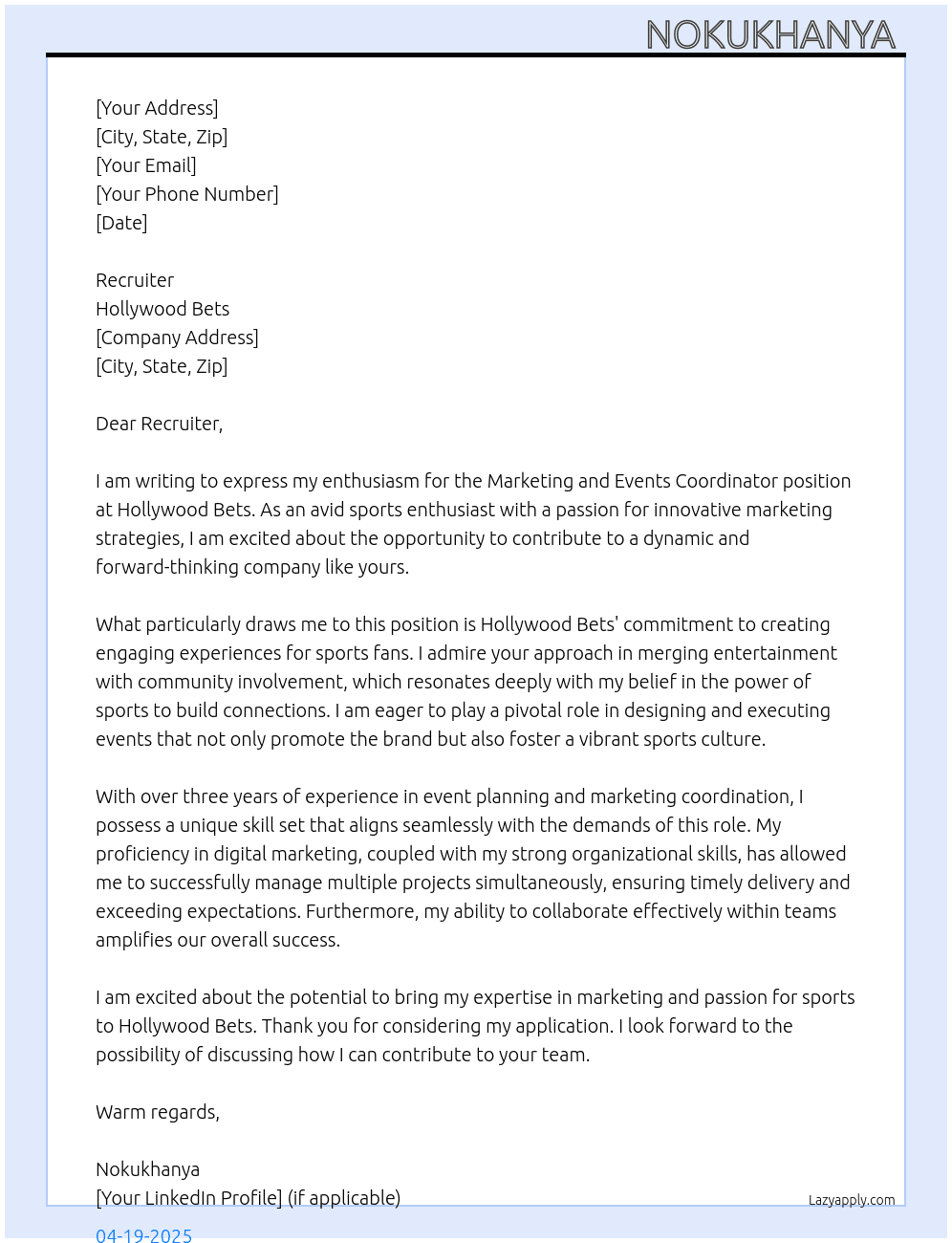Marketing and Events Coordinator (Sports Club) At Hollywood Bets Cover Letter