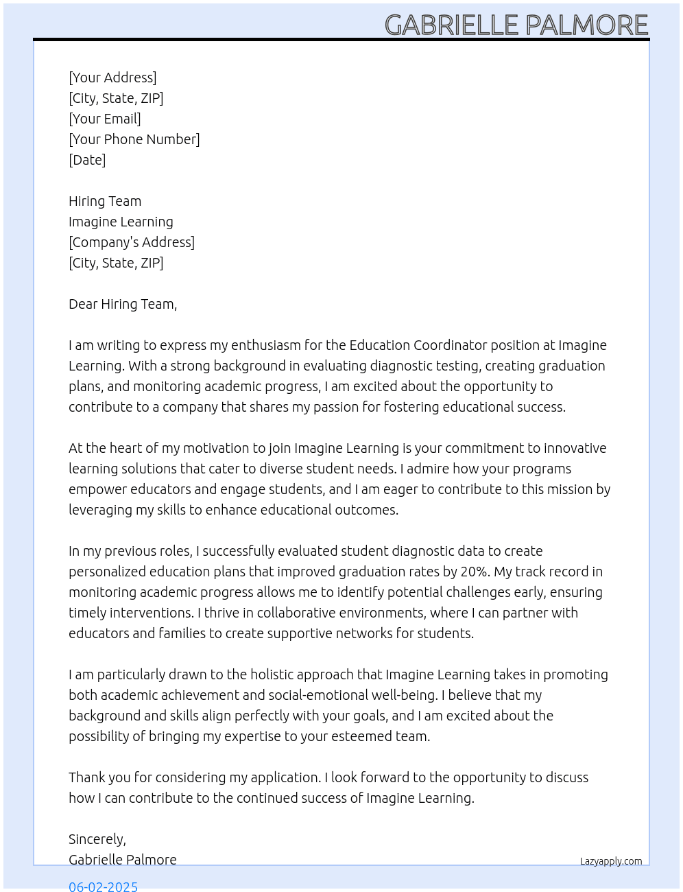 Education Coordinator, ICA At Imagine Learning Cover Letter